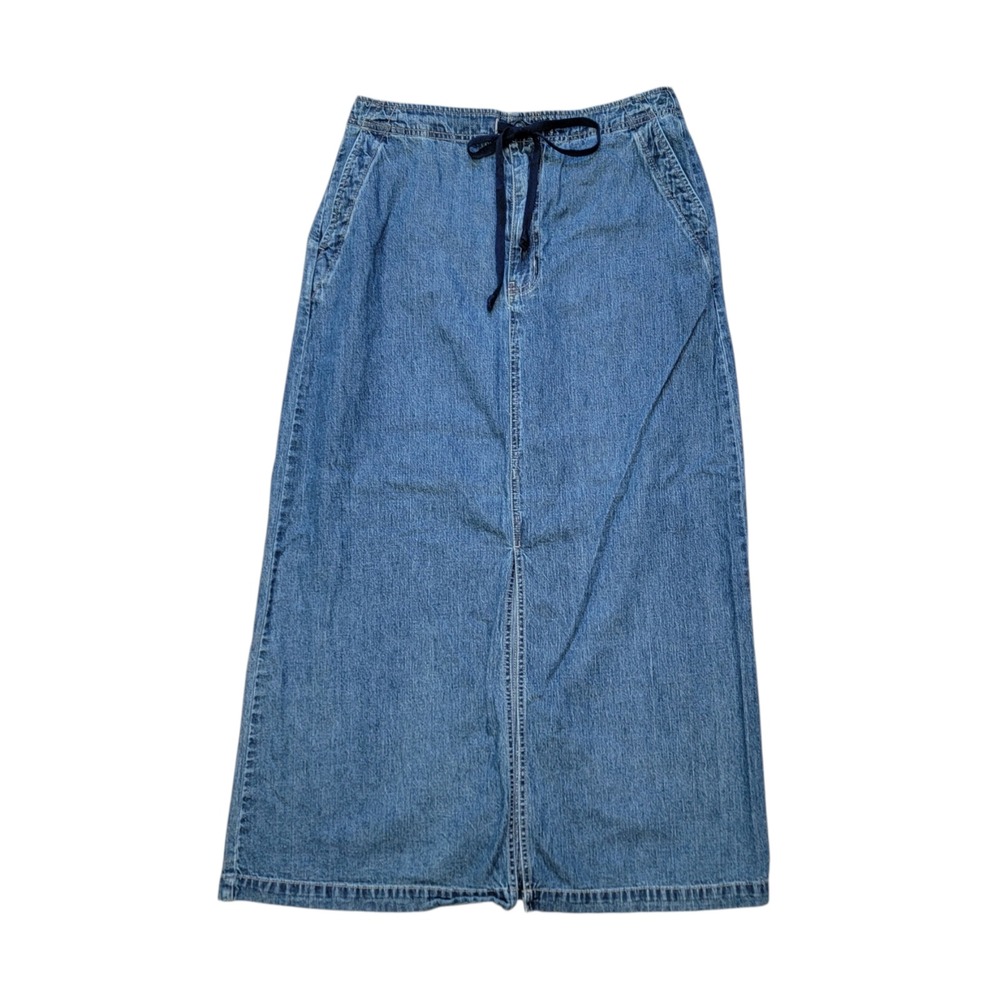 Vtg Y2K Eddie Bauer Denim Maxi Skirt Womens 8 Western‎ Drawstring Long Modest